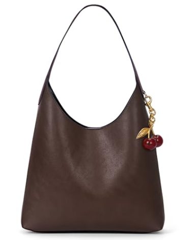 Faux Suede Hobo Bags Vegan Leather Shoulder Bag Tote for Women with Cherry Charm Slouchy Designer Handbag Purse Fall Fashion