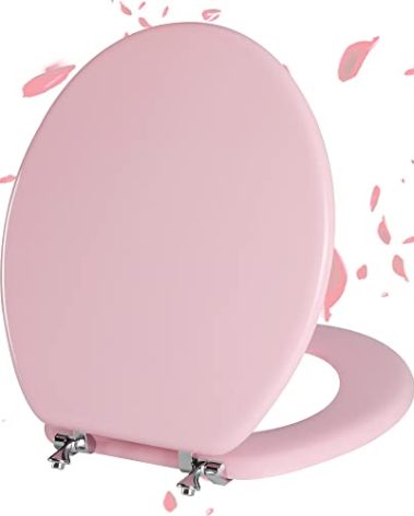 Pink Round Toilet Seat Natural Wood Toilet Seat with Zinc Alloy Hinges, Easy to Install also Easy to Clean, Scratch Resistant Toilet Seat by Angol Shiold (Round, Pink)