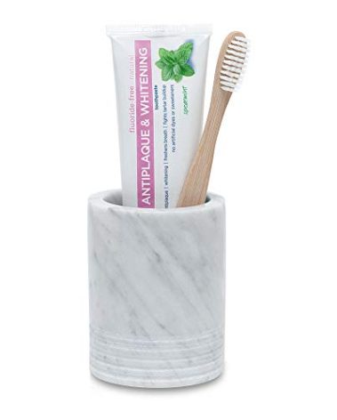 JIMEI Natural Marble SPA Collection Tumbler Toothbrush Holder Makeup Brush Holder Bathroom Countertop Organizer