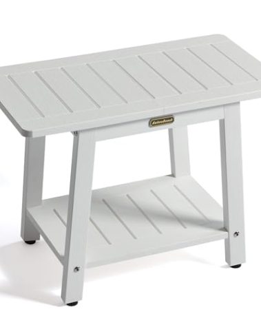 Shower Bench for Inside Shower, HDPS Shower Stool for Shaving Legs, Waterproof White Poly Bathroom Chair Seat, 2 Tier Foot Rest with Shelf & Adjustable Feet, Non-Slip