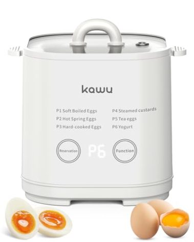 Kawu 6-Function Egg Cooker for Hard Boiled Eggs, Egg Boiler with Timer, Egg Cooker for Soft Boiled Egg, Electric Egg Boiler with Auto Shut Off &Alarm, W/Bowl&Rack