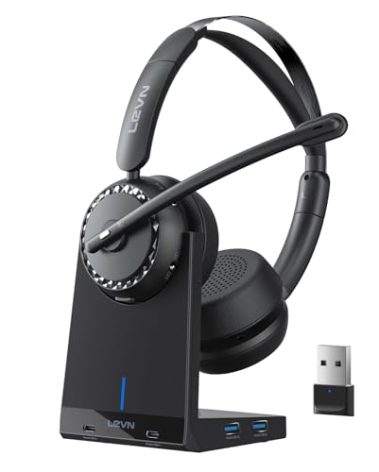 LEVN Wireless Headset, Wireless Headset with Mic for Work, AI Noise Cancelling, 65 Hrs Working Time, Bluetooth Headphones with Microphone from Home/Computer/Call Center/Teams