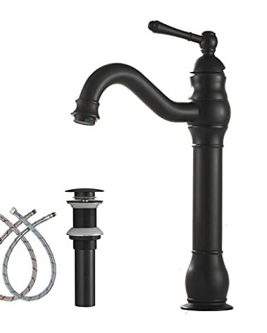 Vessel Faucet Bathroom Matte Black 360° Swivel Single Handle One Hole Bowl Sink Faucet Tall Body Matching Pop Up Drain Without Overflow Lavatory Vanity Basin Mixer Tap Deck Mount Commercial