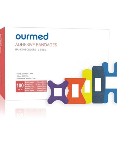 Ourmed Flexible Fabric Bandages with Non-Stick Pad, Latex Free, Rainbow Colors Adhesive Bandage First Aid Wound Care for Cuts, Scrapes, Blisters, Assorted Sizes, 100 Count