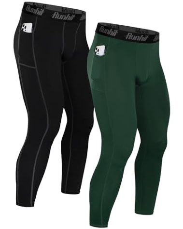 Runhit Compression Pants Men with Pocket Running Tights Leggings Workout 2 Pack Black Green XL