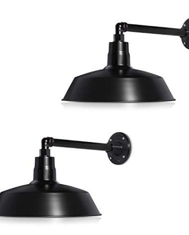 14in. Satin Black Outdoor Gooseneck Barn Light Fixture with 13in. Long Extension Arm - Wall Sconce Farmhouse, Vintage, Antique Style - UL Listed - 9W 900lm A19 LED Bulb (5000K Cool White) - 2-Pack