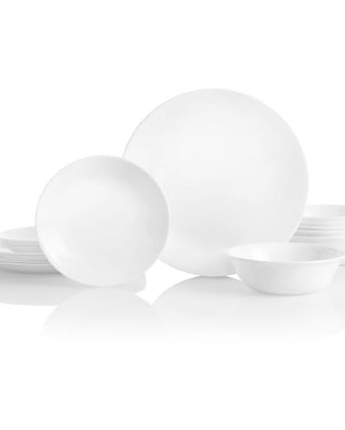Corelle Vitrelle 18-Piece Service for 6 Dinnerware Set Triple Layer Glass and Chip Resistant, Lightweight Round Plates and Bowls Set, Winter Frost White