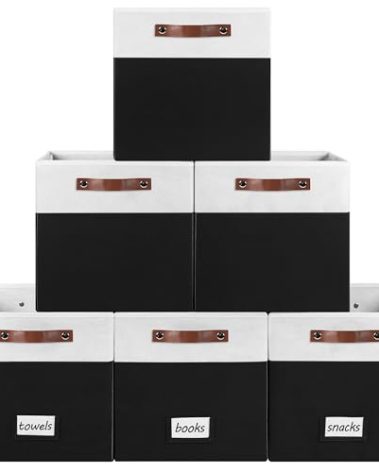 6-Pack Collapsible Fabric Storage Cubes with Handles & Label Holders, Closet Cube Home Organizer Bins (White/Black, 13 x 13 x 13 inch)