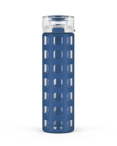 Ello Syndicate 20oz Reusable Glass Water Bottle with One-Touch Leak Proof Flip Lid and Protective Non-Slip Silicone Sleeve and Carry Loop for Coffee, Tea and Water, BPA-free Dishwasher Safe, Bold Blue