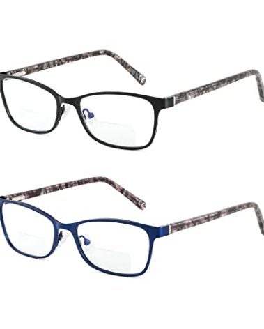 Bifocal Reading Glasses Women Blue Light Blocking With Clear Top Computer Reader No Line Wide Metal Frame Designer Ladies Eyeglasses Black Blue +3.00 strength