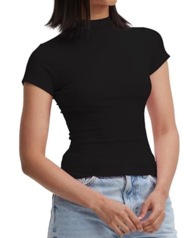 Womens Short Sleeve Mock Turtleneck Go to Shirt Fitted Tight Crop Top Y2K Tee (M, Black)