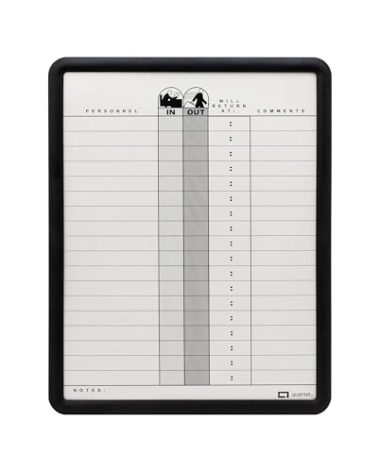 Quartet In/Out Board, 11" x 14", DuraMax Porcelain, In and Out Board, 18 Names, Classic Gray, Black Frame (750)