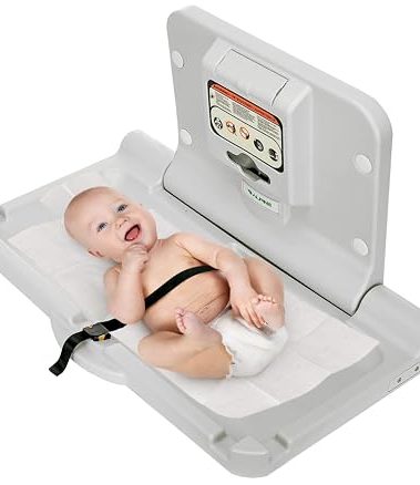 Alpine Wall Mounted Baby Changing Station - Horizontal Baby Changing Table Foldable Diaper Tables with Safety Strap for Commercial Bathroom, ADA Complaint (Hardware Included) White Gray