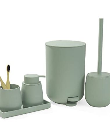 GAHEFY Sage Green Bathroom Accessories Set with Small Trash Can 3 Liter/0.8 Gallon,Toothbrush Holder,Soap Dispenser,Vanity Tray,Toilet Brush and Holder Green 5PCS