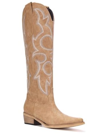 RURUNA Women's Knee High Cowboy Boots for Women- Pointed Toe Cowgirl Boots Women with Side Zipper & Classic Embroidery Designs Ideal for Worker for Country Concert Tan
