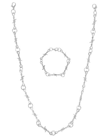 LLOUSSAK 2Pcs Barb Wire Necklace and Bracelet Set, Silver Barb Wire Gothic Necklace for Men and Women, Punk Accessories Jewelry