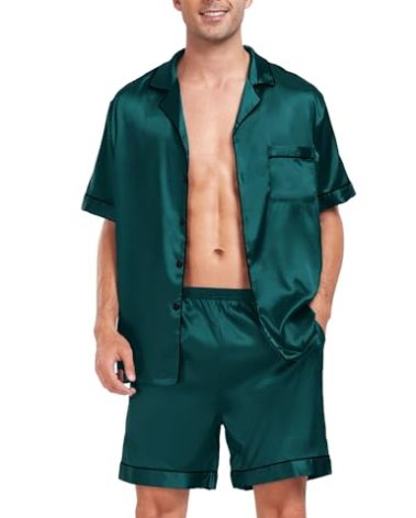 SWOMOG Men Satin Silk Pajamas Sets Short Sleeve Sleepwear Button-Down PJs Sets Two-Pieces Loungewear with Pockets Dark Green
