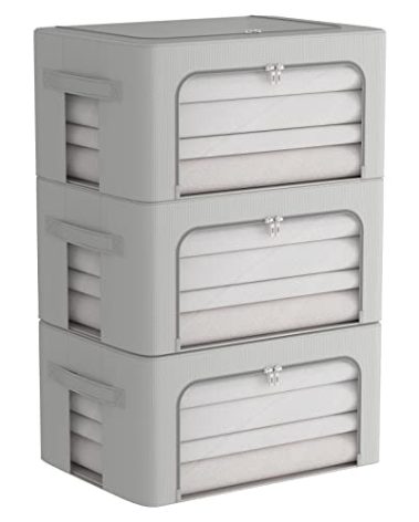 3Pack Frame Storage Box - Clothes Storage Bin Bags Oxford Fabric Foldable Stackable Container Organizer Set with Clear Window & Carry Handles (Grey, Medium-44L)