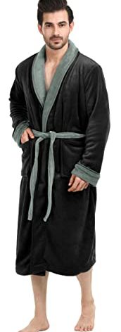 NY Threads Luxurious Men's Shawl Collar Fleece Bathrobe Long Spa Robe, XX-Large-3X-Large, Black Grey