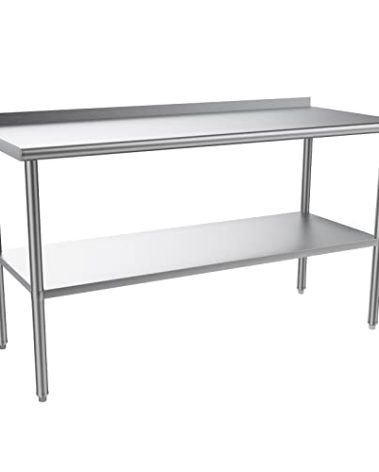 ROVSUN 60'' x 24'' Stainless Steel Table for Prep & Work,Commercial Worktables & Workstations, NSF Heavy Duty Metal Table with Adjustable UnderShelf & Backsplash for Kitchen,Restaurant,Home,Hotel