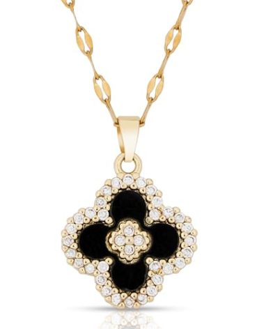 my Secret Victory Four Leaf Clover Pendant Necklace for Women 18K Gold Plated with Black Agate & Cubic Zirconia/Dainty Lucky Clover Necklace Perfect for Any Occasion