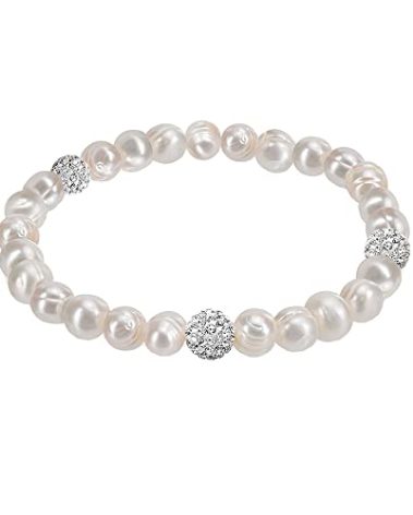 Savlano 8MM Cultured Freshwater Natural White Pearl Crystal Bead Stretch Bracelet 7 inches for Women Comes with Gift Box