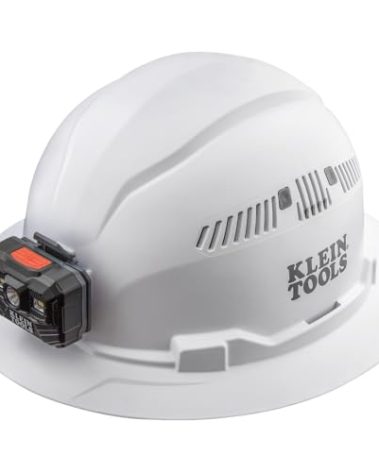 Klein Tools 60407RL Hard Hat, Rechargeable Headlamp, Vented, Full Brim Style, Padded Self-Wicking Odor-Resistant Sweatband, White