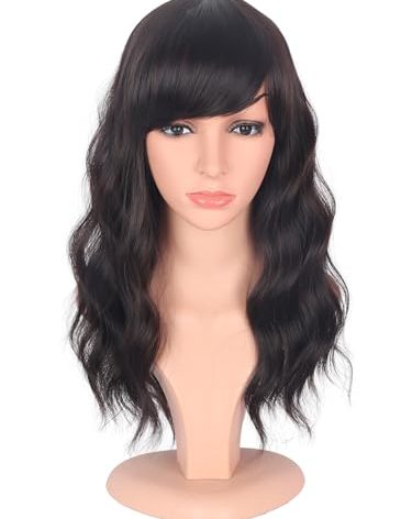 SYMEIW Medium Length Dark Brown Wavy Wigs With Bangs For Women - Heat Resistant Synthetic Brown Wigs For Daily Use (DARK BROWN(2#))