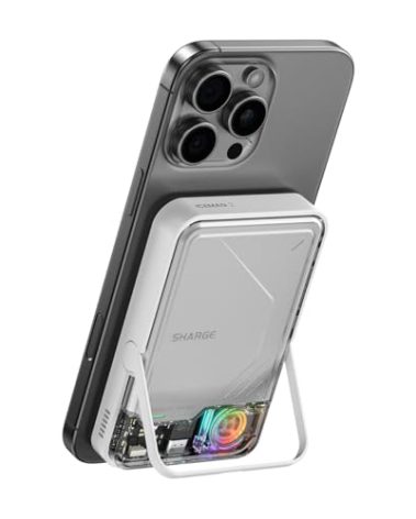 sharge ICEMAG 2 MagSafe Power Bank, 15W Qi2 Magnetic Portable Charger with Active Cooling 10000mAh Battery Pack with Foldable Stand Transparent, Compatible for iPhone 16/15/14 Series