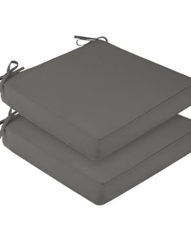 downluxe Outdoor Chair Cushions for Patio Furniture, Waterproof Square Corner Memory Foam Patio Chair Cushion with Adjustable Ties and Portable Handle, 19" x 19" x 3", Dark Grey, 2 Pack