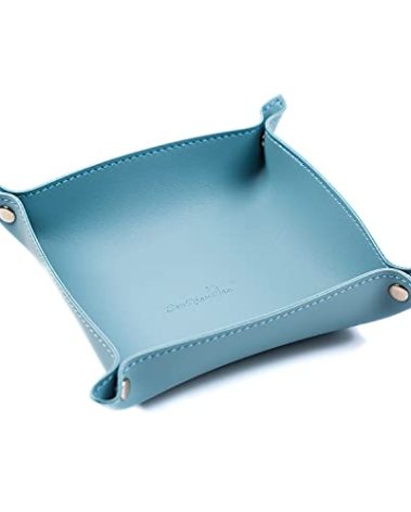 SANQIANWAN Leather Jewelry Valet Tray for Women and Man, Portable Entryway Table Tray Bedside Nightstand Desk Tray Small Catchall Travel Dish Plate for Key,Wallet,Watch,Coin (Light Blue-B)