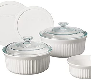 CorningWare French White 7-Pc Ceramic Bakeware Set with Lids Chip and Crack Resistant Stoneware Baking Dish, Microwave, Dishwasher, Oven, Freezer and Fridge Safe