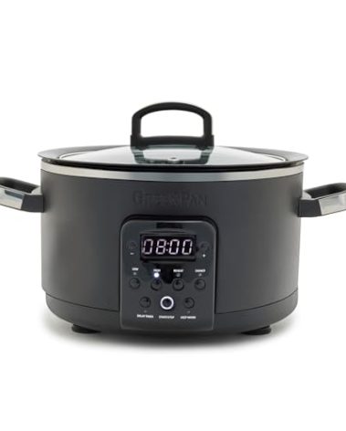 GreenPan 6-in-1 4QT Electric Ceramic Slow Cooker with Glass Lid, Multifunction Presets, Hard Anodized PFAS-Free Removeable Nonstick Crock, Dishwasher Safe, Auto Warm, Delay Timer, Stews, Reheat, Black