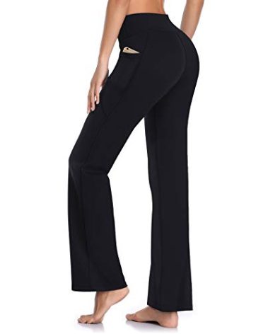 HISKYWIN Side Pockets Yoga Pants 4 Way Stretch Tummy Control Workout Running Pants, Long Bootleg Flare Pants HF201-Black-XL