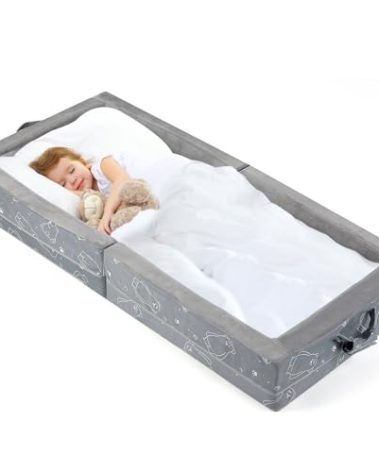 Umoving Portable Toddler Travel Bed – Foldable Soft Foam Floor Crib with Washable Cover, Built-in Safety Rails, No Assembly, Compact for Travel & Home Use, Grey