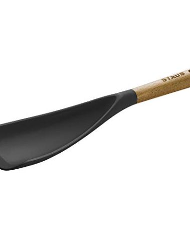 STAUB Multifunction Spatula Spoon, Great for Both Cooking and Serving Durable BPA-Free Matte Black Silicone, Acacia Wood Handles, Safe for Nonstick Cooking Surfaces