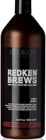 Redken Brews 3-In-1 Men's Shampoo, Conditioner and Body Wash - Multi-Purpose Hair & Body Cleanser For Men - Moisturizes & Hydrates, All-In-One Soap, 33.8 Fl Oz