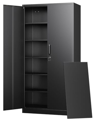 Letaya Metal Storage Cabinets with Lock Doors,Tall Locker Organizer Steel Garage Cabinets, 5 Adjustable Layers Shelves for Home, Office, Warehouse,Tool,Industrial(Black)
