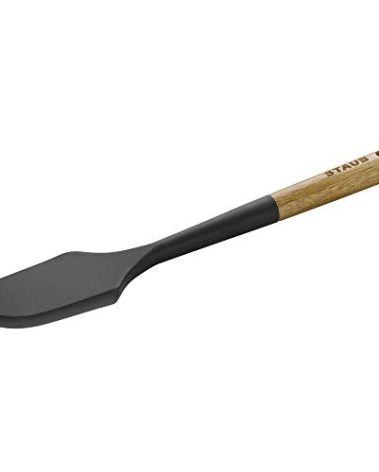 STAUB Silcone Spatula, Great for Mixing, Folding, Scraping, and Spreading, Durable BPA-Free Matte Black Silicone, Acacia Wood Handles, Safe for Nonstick Cooking Surfaces