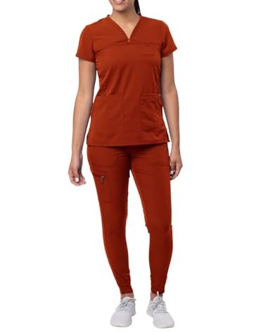Adar Uniforms Pro Movement Booster Scrub Set For Women - Sweetheart V-Neck Top & Yoga Jogger Pants - P9400 - Red Ochre - XL