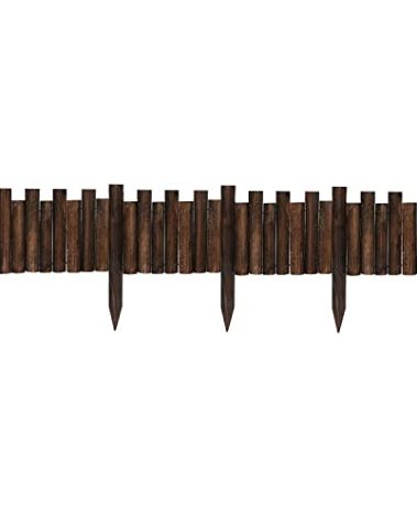 Worth Garden Wooden Staggered Short Fence - 8 in. H. x 3.7 ft. L. Burnt Wood Finish Outdoor Landscape Edging Flexible Decorative Border - Garden Yard Flower Bed Tree Fence - Stakes 4 in. Height