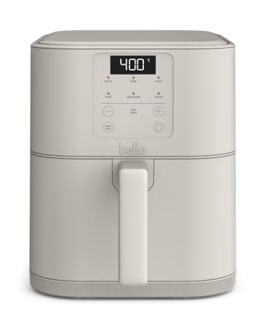 bella 6 Qt Slim Air Fryer, Fits-anywhere™ Kitchenware, EverGood™ Ceramic Nonstick Coating, Adjustable Temperature, 6 Preset Cooking Options, 60 Min Auto Shutoff w Audible Tone, 5lb Capacity, Oatmilk