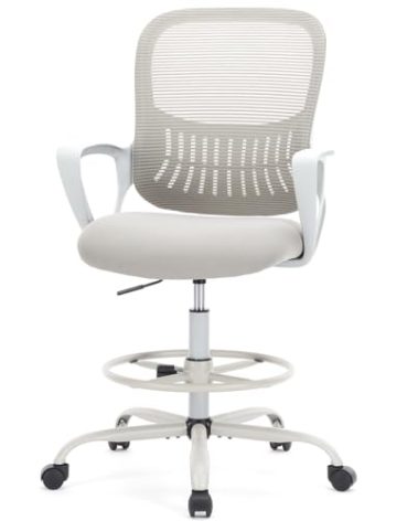 DUMOS Drafting Chair - Ergonomic Tall Office for Standing Desk, Counter with Height Adjustable and Comfortable Lumbar Support, Fixed Armrests, Grey