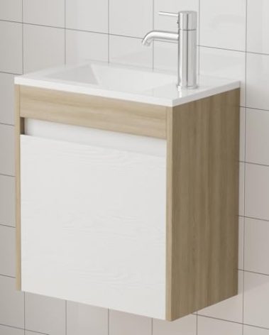 wonline 16” Small Bathroom Vanity Sink Combo for Small Space Wall Mounted Cabinet Set White Resin Basin Sink Top Chrome Faucet