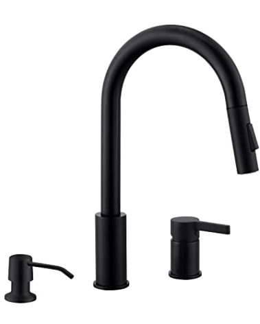 KIRLYSTONE Black Faucet with Pull Down Sprayer for 3-Hole Kitchen Sink, Matte Black 3-Piece Kitchen Faucet with Separate Single Handle and Soap Dispenser
