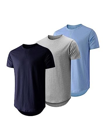 JMIERR Men's 3 Pack Cotton Hipster Hip Hop Longline Crewneck T-Shirt, Short Sleeve Gym Workout Athletic T Shirts for Men Pack,4XL, Navy Blue/Light Grey/Sky Blue