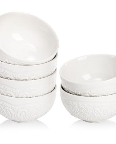 SOUJOY Set of 6 Ice Cream Bowls, Porcelain 12 oz Small Cereal Bowls, 4.5 Inch Embossment Dessert Bowl for Side Dishes, Ice Cream, Rice, Soup, Snack, Fruits, Yogurt, Portion Control, White