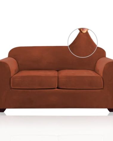 PrinceDeco Velvet Couch Cover Loveseat Covers for 2 Cushion Couch 3 Piece Sofa Covers for Dogs Washable Loveseat Covers Width Up to 72 Inch No Slip Stretch Sofa Slipcover(Medium, Rust)