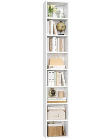 FOTOSOK 8-Tier Media Tower Rack, 11.6 X 9.3 X 70.9 Inches CD DVD Slim Storage Cabinet with Adjustable Shelves, Tall Narrow Bookcase Display Bookshelf for Home Office, White