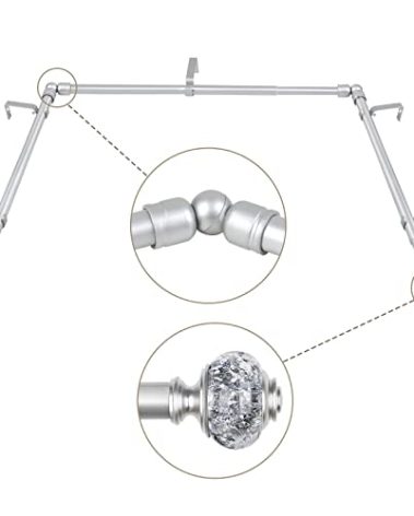 3/4 Inch Bay Window Curtain Rods, USFOOK Telescoping Silver Curtain Rods for Bay Windows 36 to 72 Inches (Center Rod), 20 to 36 Inch (Side Rods), Translucent Finials